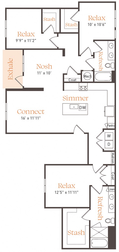 Floor plan for 3 beds, 2 baths, 1637 sqft